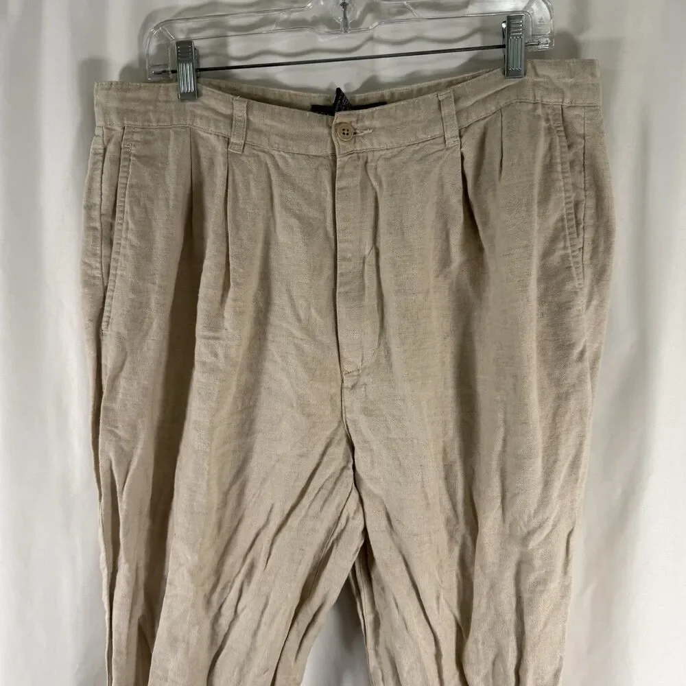 Tommy Hilfiger Linen Blend Pants Men's 36x30 Beige Pleated Slash Pockets